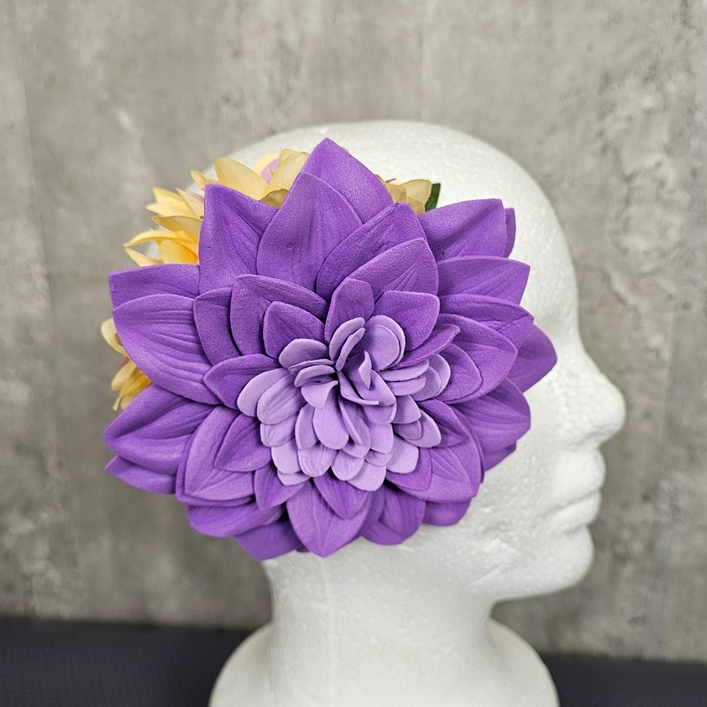 Floral Hair Clip Purple Yellow Dahlia Flower Fascinator Wedding Racesโ Tiki VLV
